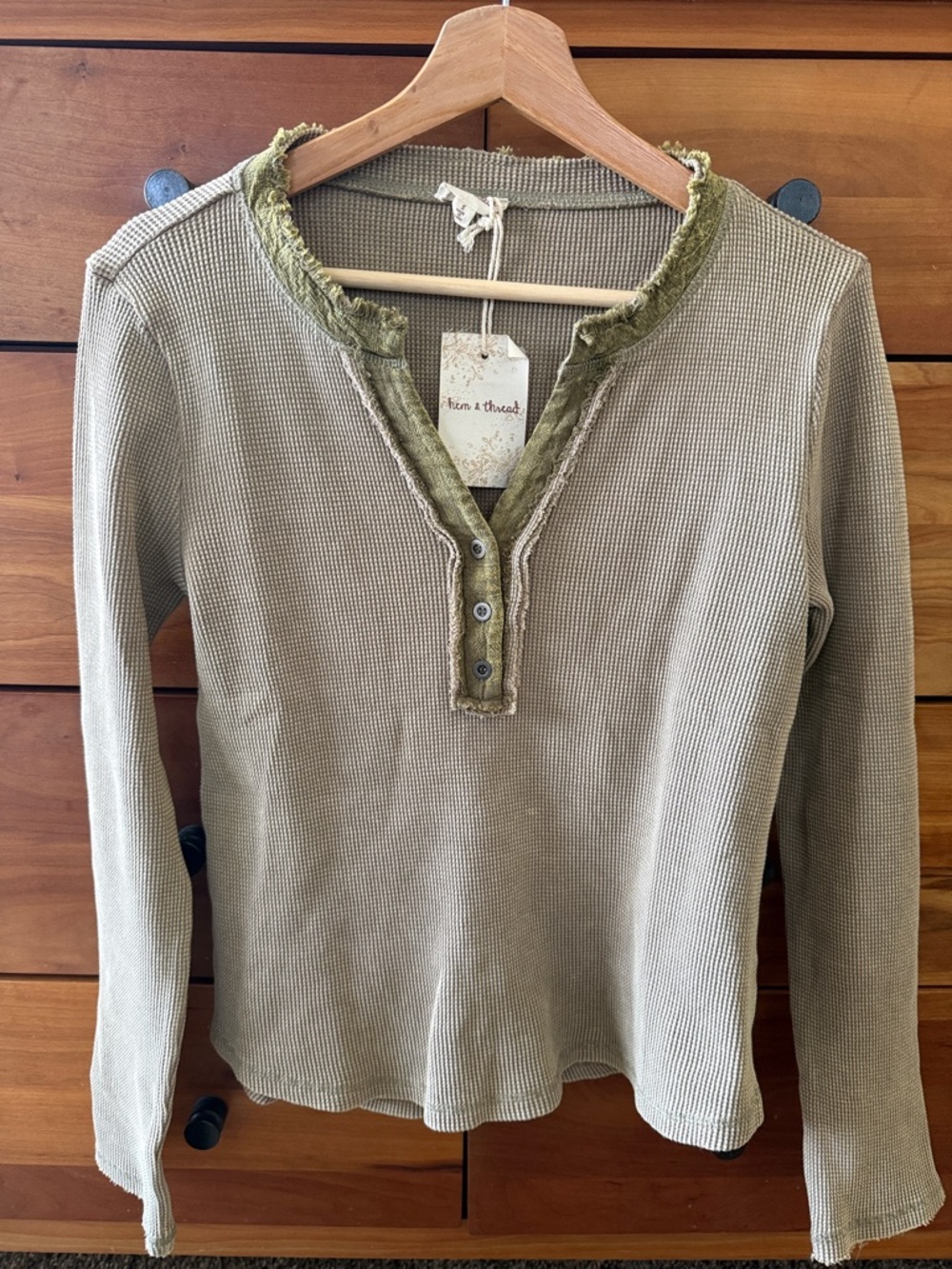 Hem & Thread Olive Waffle Knit Henley Top NWT